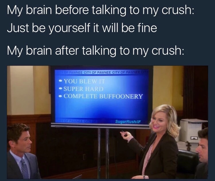 memes - you blew it super hard complete buffoonery - My brain before talking to my crush Just be yourself it will be fine, My brain after talking to my crush De Pawnee City Of Pawnee City Of Pawneec You Blew It Super Hard Complete Buffoonery F Pawner Du S