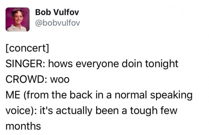 memes - document - Bob Vulfov concert Singer hows everyone doin tonight Crowd woo Me from the back in a normal speaking voice it's actually been a tough few months