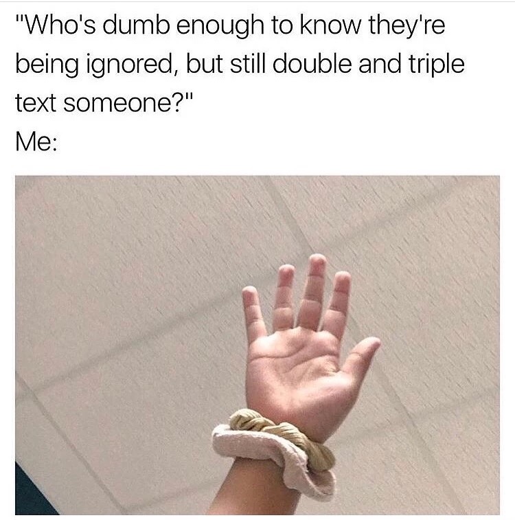 memes on being ignored - "Who's dumb enough to know they're being ignored, but still double and triple text someone?" Me