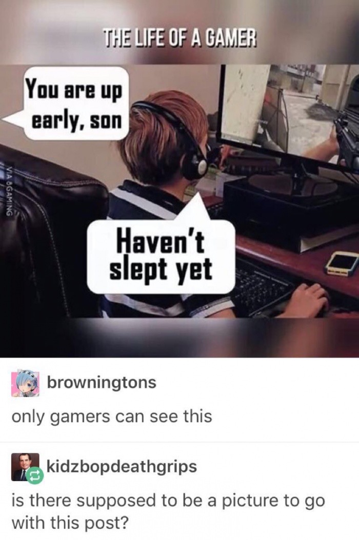 life of a gamer - The Life Of A Gamer You are up early, son Via Gaming Haven't slept yet browningtons only gamers can see this kidzbopdeathgrips is there supposed to be a picture to go with this post?