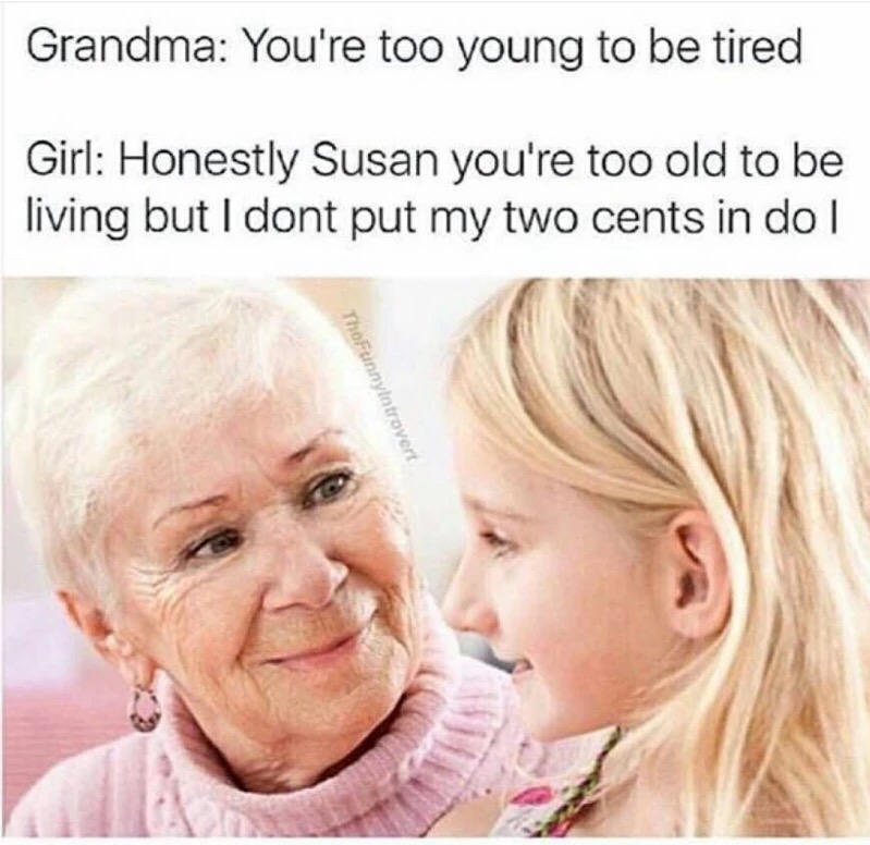 grandma are you hungry meme - Grandma You're too young to be tired Girl Honestly Susan you're too old to be living but I dont put my two cents in do ThoFunny introvert