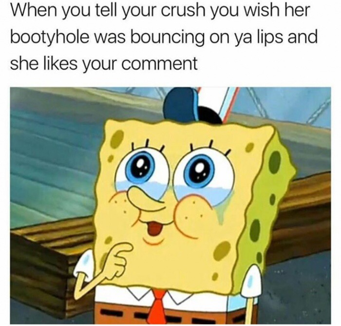 memes - spongebob eating ass meme - When you tell your crush you wish her bootyhole was bouncing on ya lips and she your comment