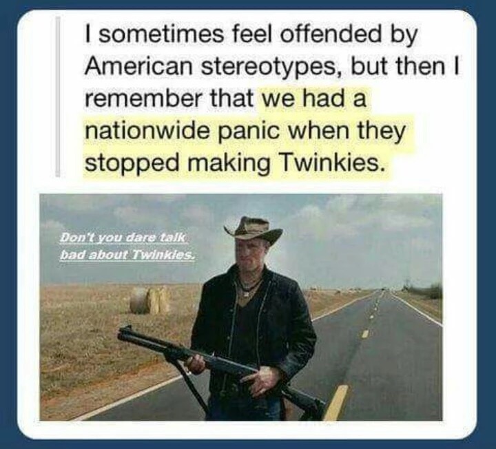 memes - zombieland 2 - I sometimes feel offended by American stereotypes, but then I remember that we had a nationwide panic when they stopped making Twinkies. Don't you dare talk bad about Twinkles.
