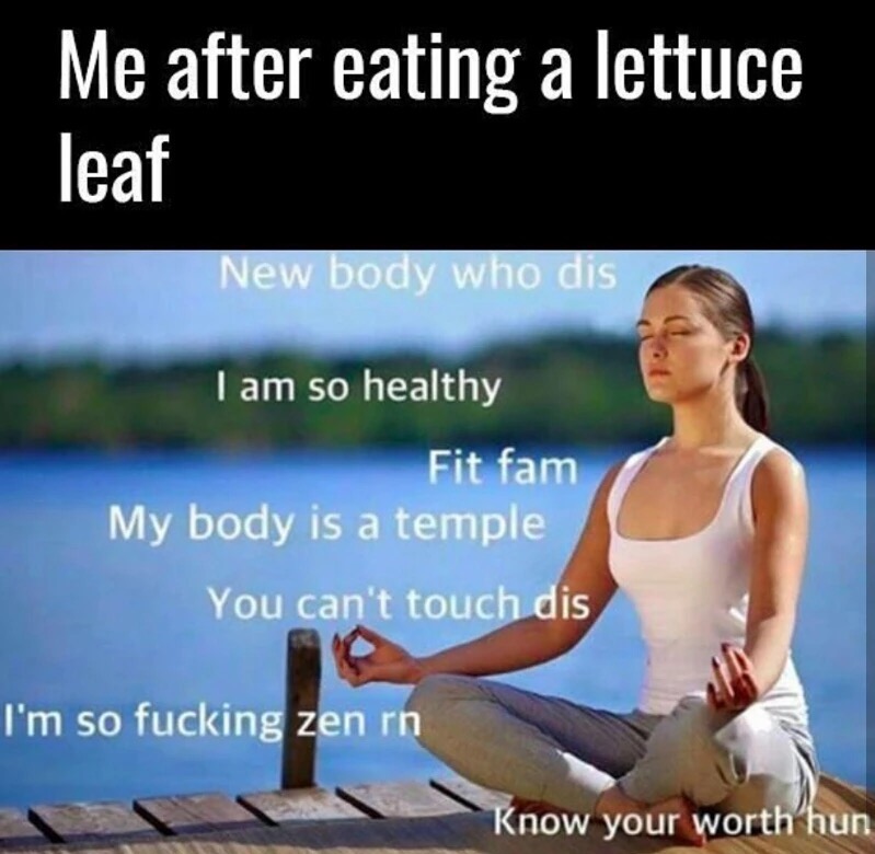 memes - me after eating a lettuce leaf - Me after eating a lettuce leaf New body who dis I am so healthy Fit fam My body is a temple You can't touch dis I'm so fucking zen in Know your worth hun