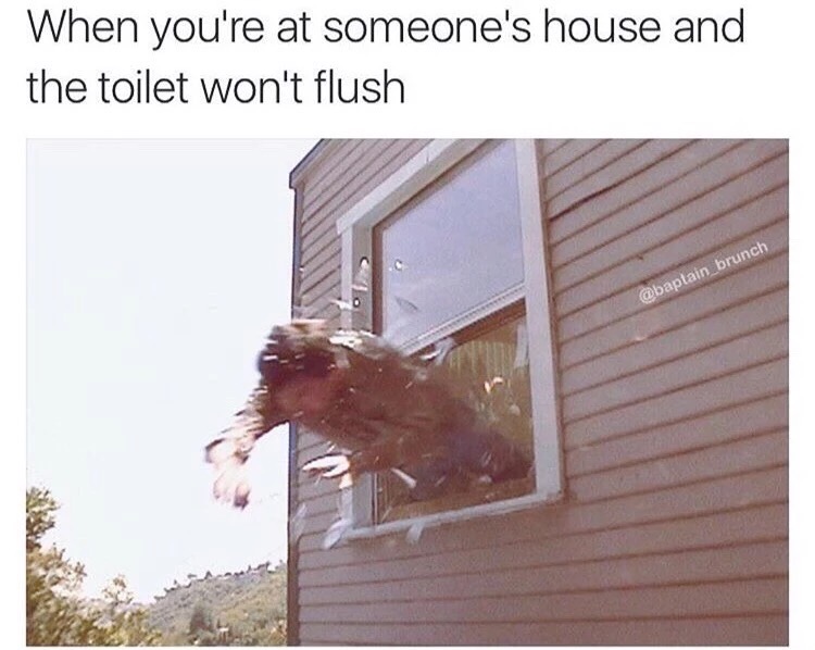 Picture of someone jumping through a glass window and captioned that it is what you do if at someone's house that toilet is backed up