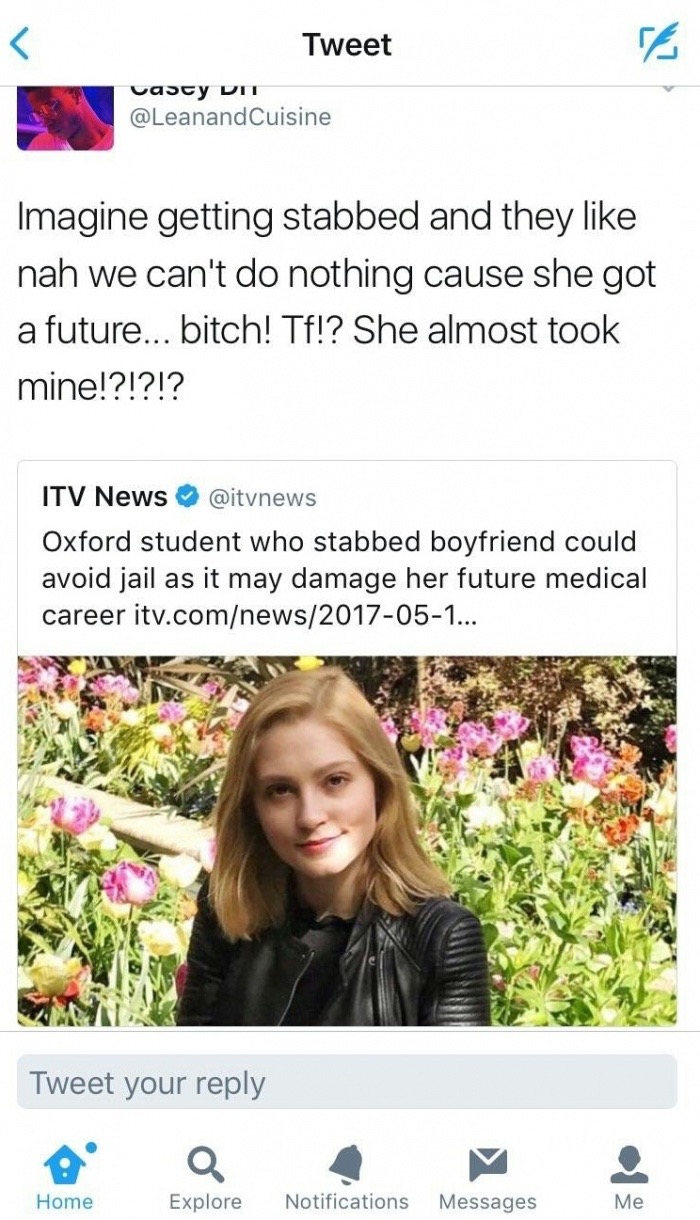 lavinia woodwart - Tweet N vascy Dit Imagine getting stabbed and they nah we can't do nothing cause she got a future... bitch! Tf!? She almost took mine!?!?!? Itv News Oxford student who stabbed boyfriend could avoid jail as it may damage her future medic
