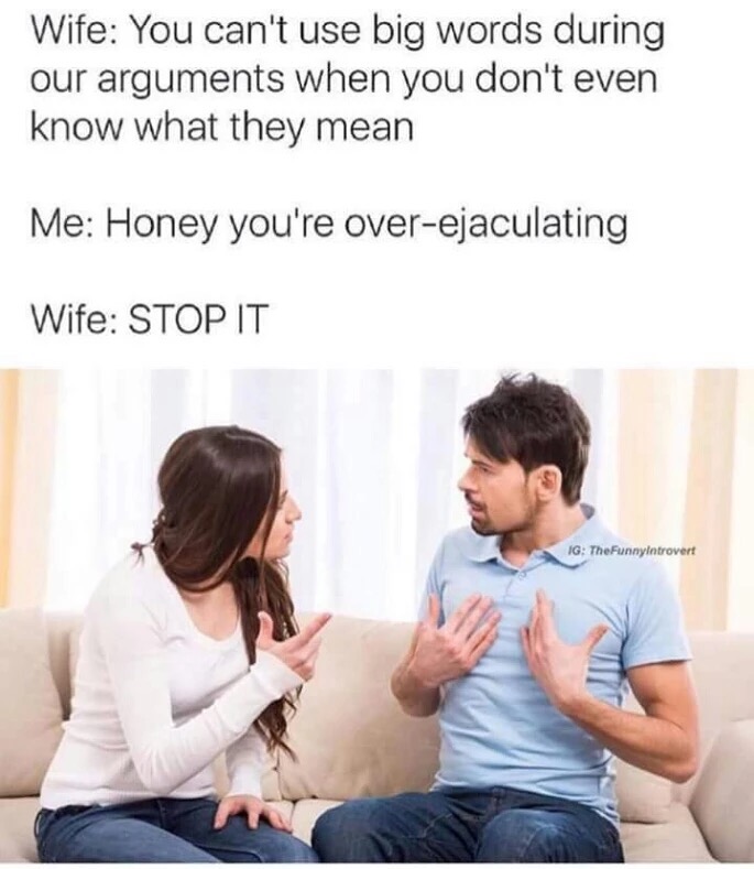 meme stream - meme about using big words - Wife You can't use big words during our arguments when you don't even know what they mean Me Honey you're overejaculating Wife Stop It Ig TheFunnyIntrovert