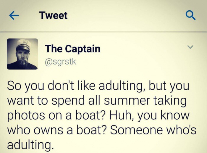 meme stream - presentation - Tweet The Captain So you don't adulting, but you want to spend all summer taking photos on a boat? Huh, you know who owns a boat? Someone who's adulting.