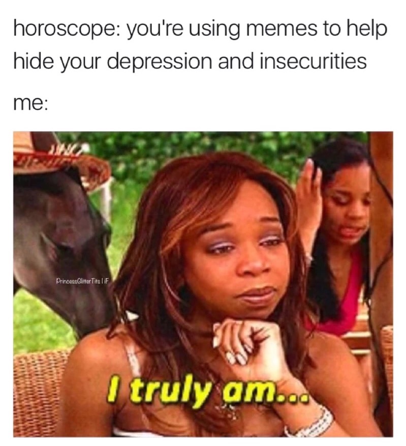 meme stream - you re so extra - horoscope you're using memes to help hide your depression and insecurities me Princess Glitter Tits lif I truly am...