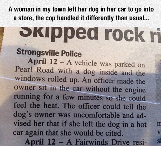 meme stream - quotes - A woman in my town left her dog in her car to go into a store, the cop handled it differently than usual... Skipped rock ri Strongsville Police April 12 A vehicle was parked on Pearl Road with a dog inside and the windows rolled up.