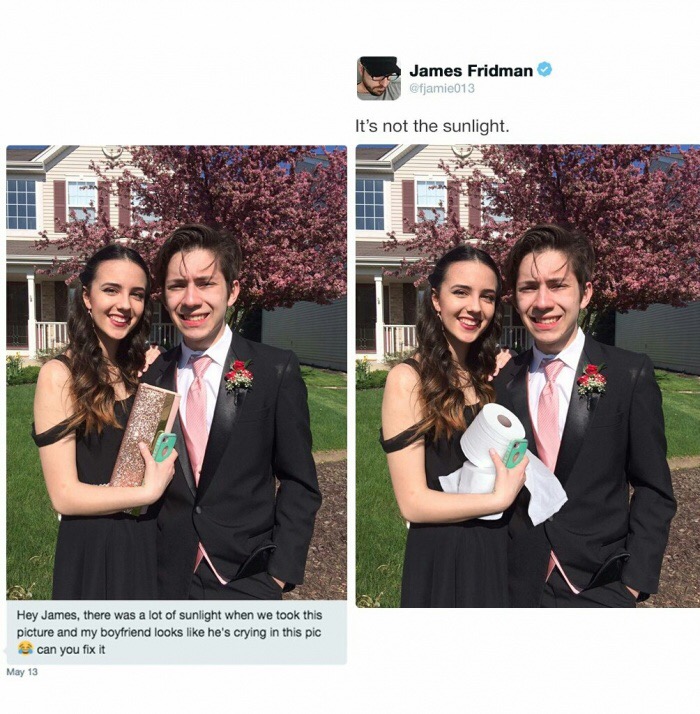 meme stream - james fridman photo shop - James Fridman fjamie013 It's not the sunlight. Hey James, there was a lot of sunlight when we took this picture and my boyfriend looks he's crying in this pic can you fix it May 13