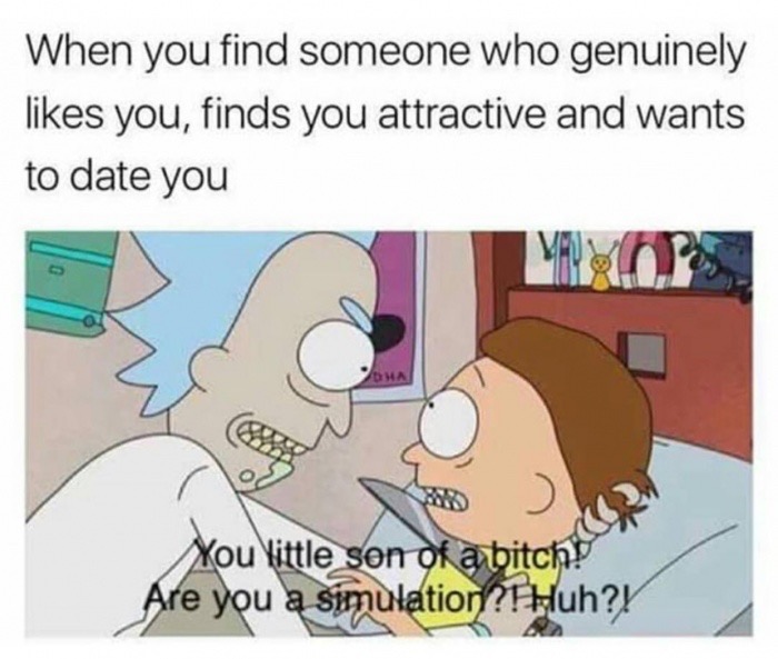 meme stream - rick and morty simulation meme - When you find someone who genuinely you, finds you attractive and wants to date you You kittle son of a bitch! Are you a simulation?! Huh?