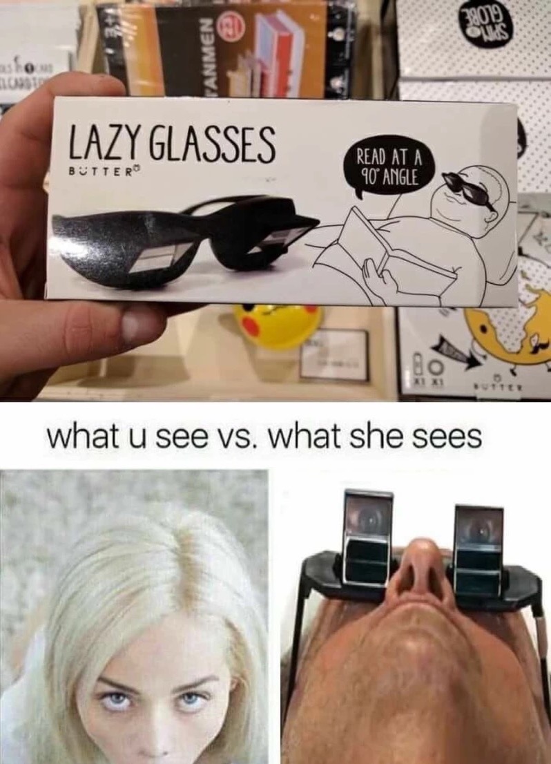 lazy glasses meme - Tanmen Lazy Glasses Botter Read At A 90 Angle what u see vs. what she sees