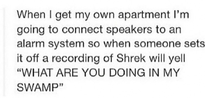 handwriting - When I get my own apartment I'm going to connect speakers to an alarm system so when someone sets it off a recording of Shrek will yell "What Are You Doing In My Swamp"