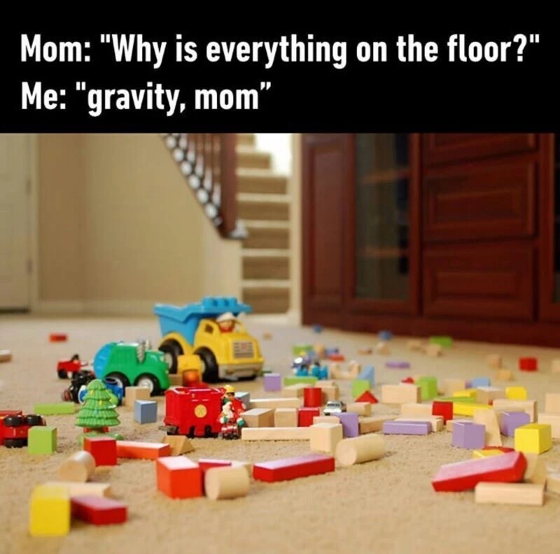 Mom "Why is everything on the floor?" Me "gravity, mom