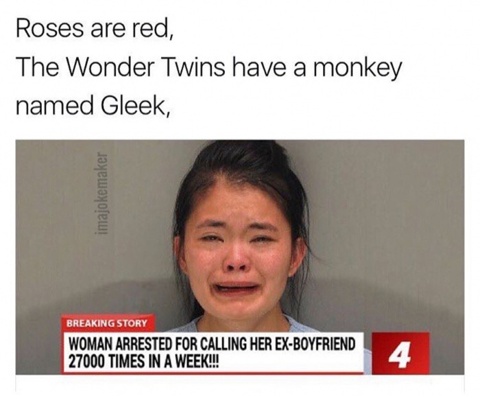woman arrested for calling ex 27000 times - Roses are red, The Wonder Twins have a monkey named Gleek, imajokemaker Breaking Story Woman Arrested For Calling Her ExBoyfriend 27000 Times In A Week!!!
