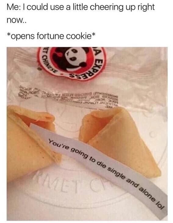 fortune cookie - Me I could use a little cheering up right now.. opens fortune cookie Et Chin You're going to re going to die single and alone ole and alone lol