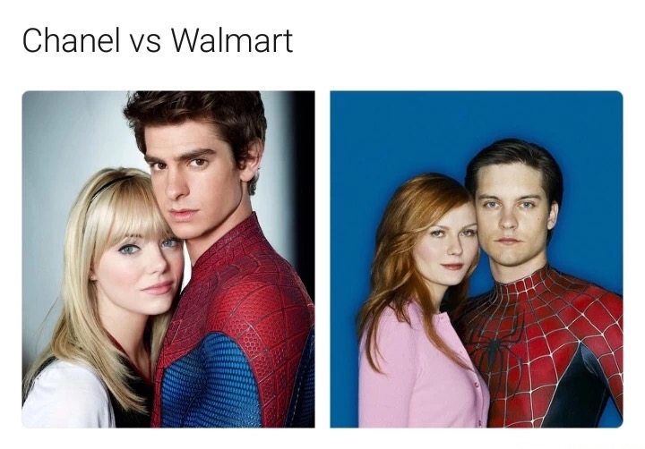 Chanel VS. Walmart shows with difference Spiderman movie posters.
