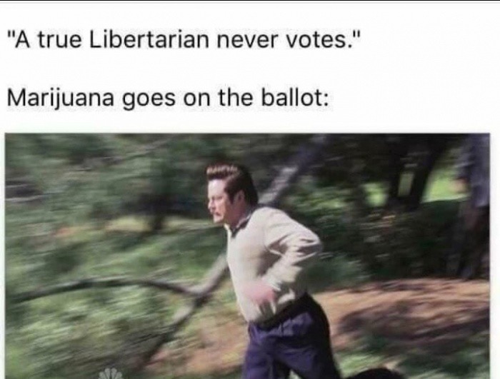 Meme about the difference of a Libertarian saying he doesn't vote VS when Marijuana goes on the ballot.