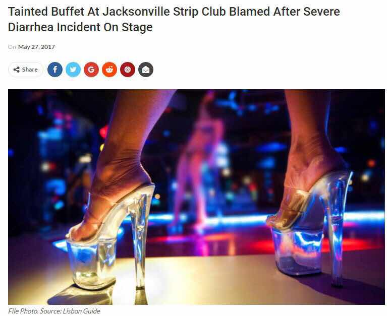 Headline about a tainted buffet and it being the reason for the diarrhea accident on stage.