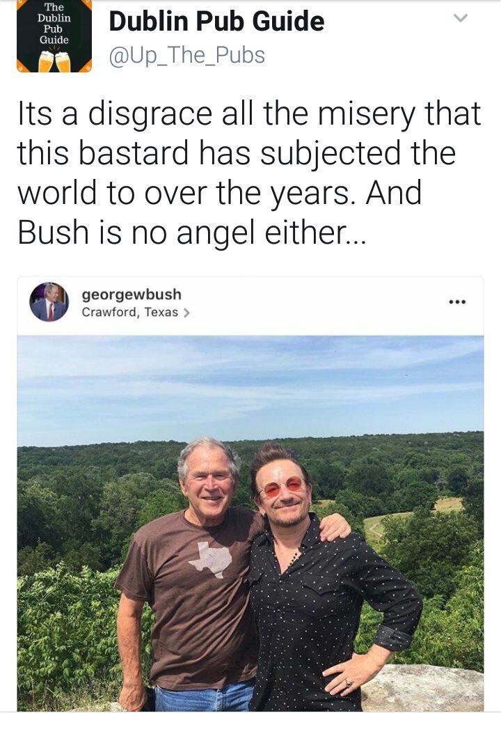 Meme making fun of George Bush and Bono in the same pic