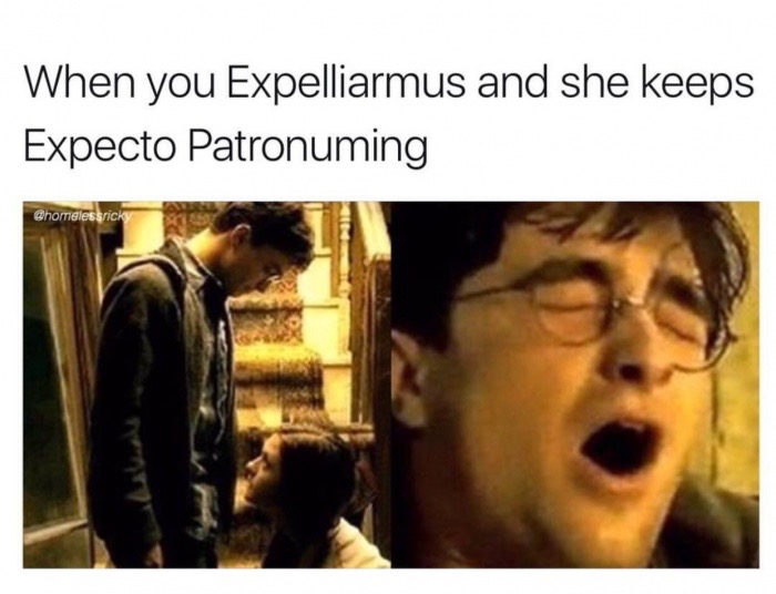 Harry Potter meme implying he is getting an expector patronuming