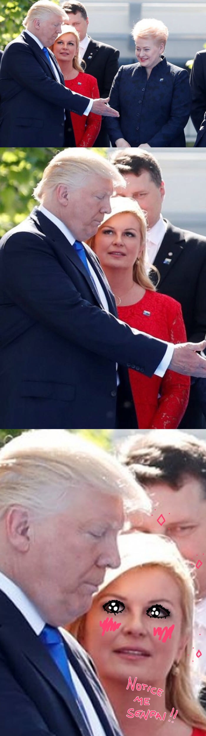 Close up of woman in red dress looking intensively at Donald Trump