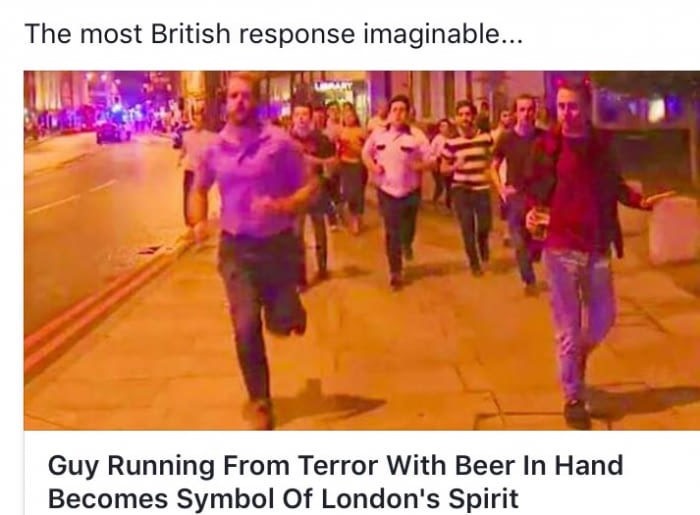 Guy walking away from terror attack holding a beer is SO British.