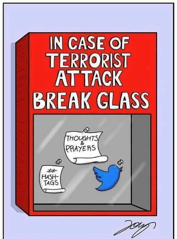 Cartoon about tweeting "thoughts and prayers" when there is a terrorist attack.