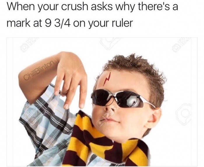 Meme of kid giving gang sign and joke about crush asking about a mark on the ruler.