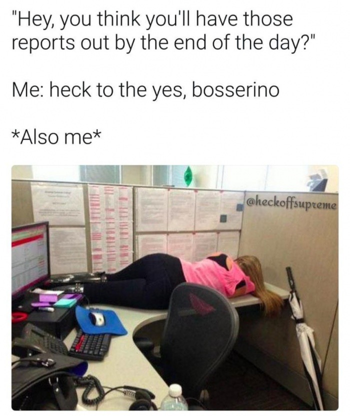 Meme about work and pic of girl taking a nap in her cubicle.