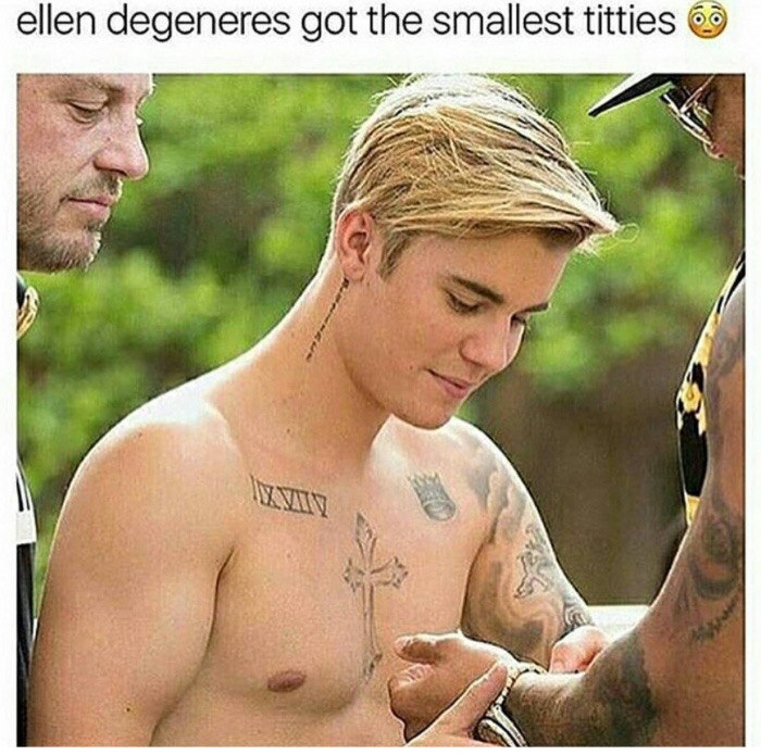 Meme making fun of Ellen Degeneres and Justin Bieber with just 6 words.