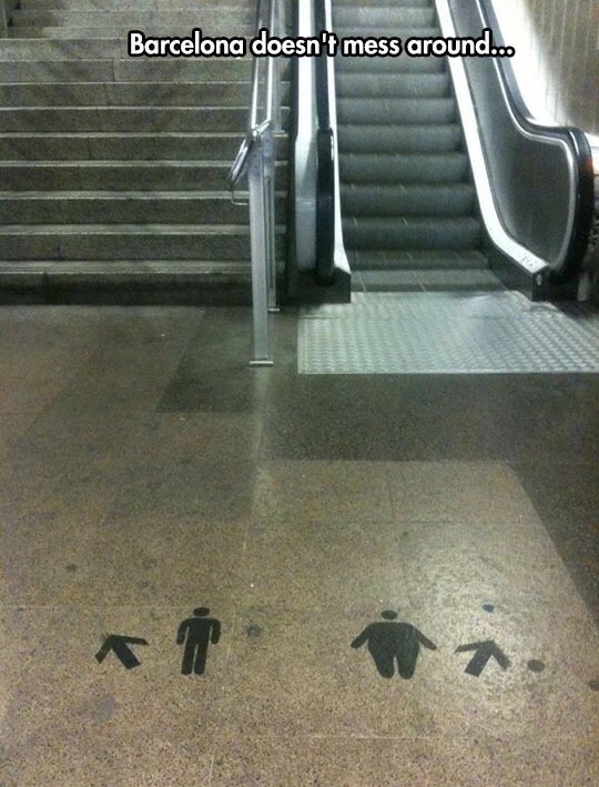 Barcelona floor telling fat people to go on escalator and thing people to use stairs.