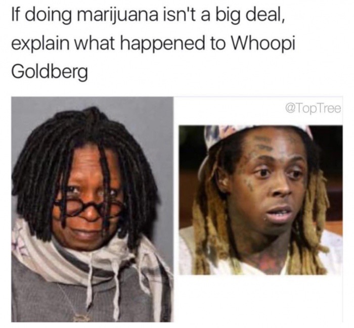 Meme joking that Whoopi Goldberg looks like Ludicrus because she smoked Marijuana.