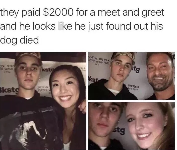 purpose tour m&g - they paid $2000 for a meet and greet and he looks he just found out his dog died Vstin Bieber Rpose World Tour 2014 kst Bkst Sustin Puse Bieber Sld Tour