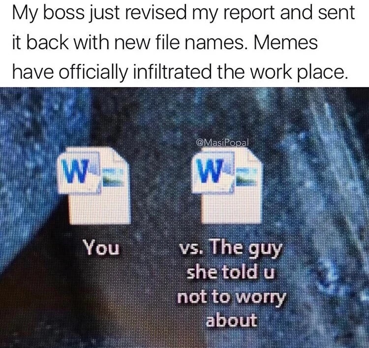 pranks office wars memes - My boss just revised my report and sent it back with new file names. Memes have officially infiltrated the work place. You vs. The guy she told u not to worry about