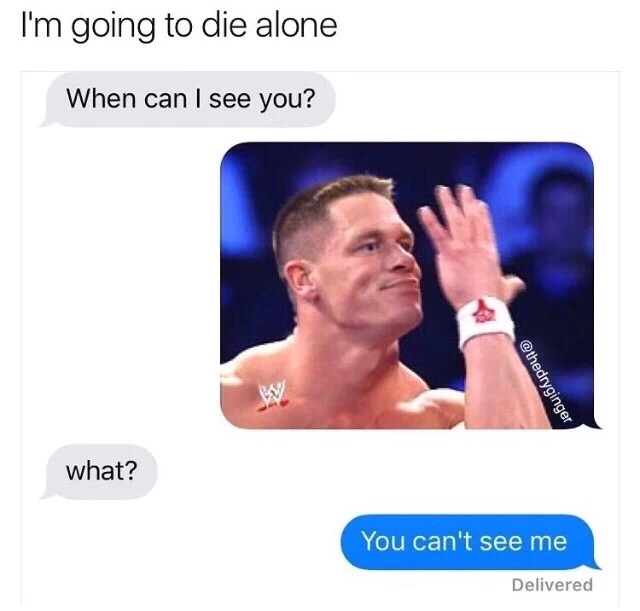 john cena u cant see me - I'm going to die alone When can I see you? what? You can't see me Delivered