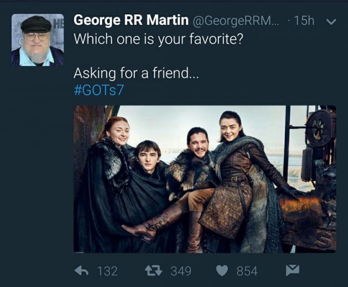 George RR Martin asking which of his characters you like best.