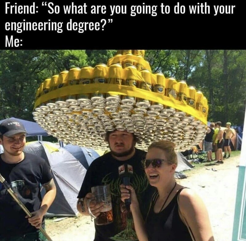 Man wearing a sombrero made of empty beer cans.