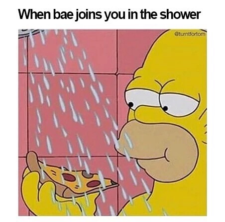 Homer taking shower with his Pizza