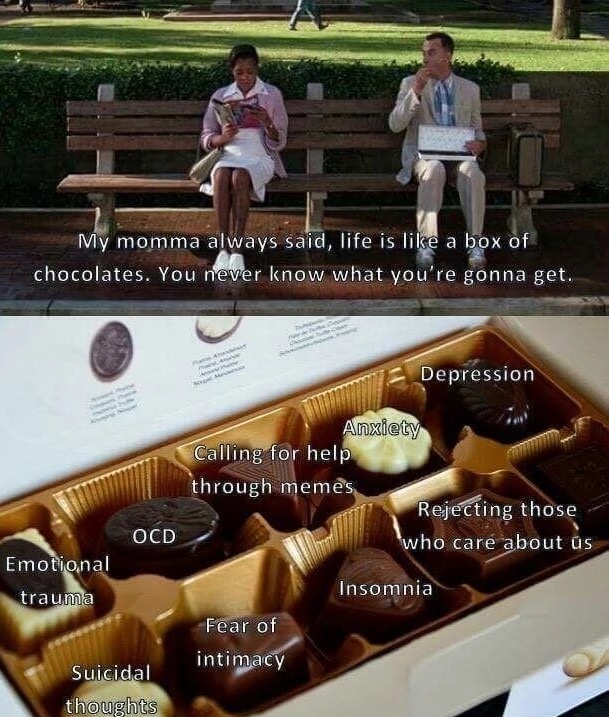 meme stream - my momma said life is like a box of chocolates - My momma always said, life is a box of chocolates. You never know what you're gonna get. Depression Anxiety Calling for help through memes Rejecting those who care about us Ocd Emotional traum