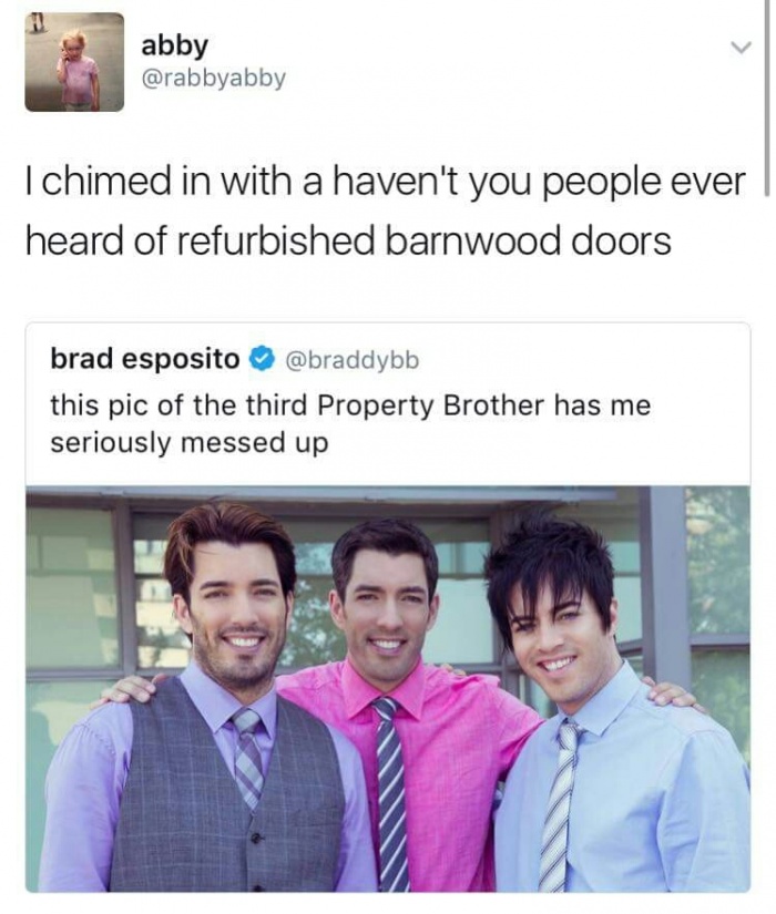 memes - property brothers meme - abby I chimed in with a haven't you people ever heard of refurbished barnwood doors brad esposito this pic of the third Property Brother has me seriously messed up