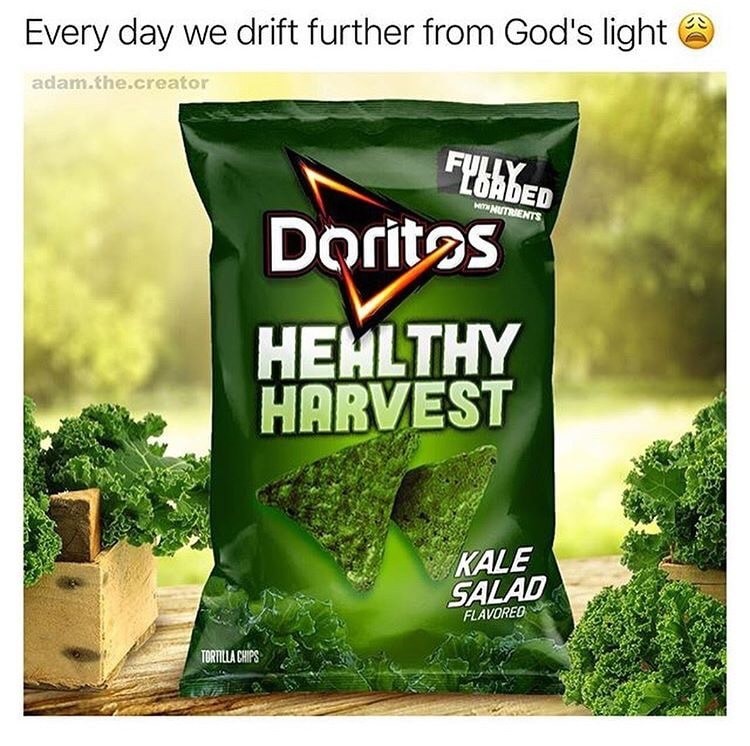 memes - kale salad meme - Every day we drift further from God's light adam.the.creator Me Nutrients Doritas Healthy Harvest Kale Salad Flavored Tortilla Chips