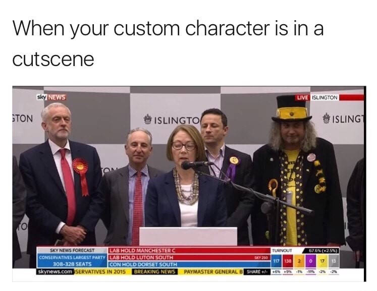 memes - custom character cut scene - When your custom character is in a cutscene sky News Live Islington Ston Islington Isling 67.6% 2.5% Sev 2.0 Sky News Forecast Lab Hold Manchester C Turnout Conservatives Largest Party Lab Hold Luton South 117 13B 3083