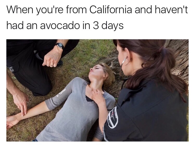 Funny meme of picture of woman passed out on the ground and a caption explaining that this is how a Californian feels after no avocado in 3 days
