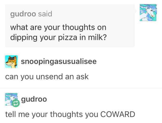 Meme about dipping pizza into milk.