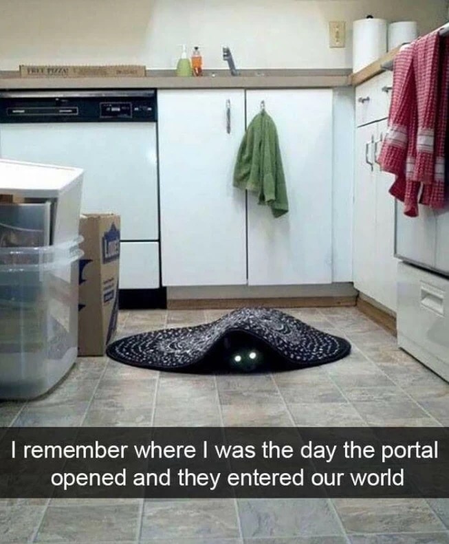 Snapchat of cat under a rug with glowing eyes that looks like it might be an portal to another world.