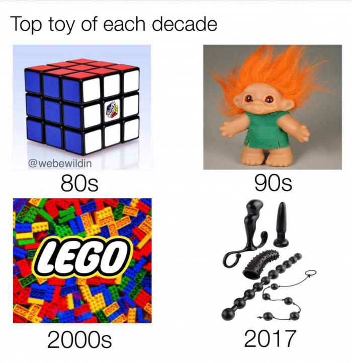Top toys of the decade with Rubiks Cube, Lego, trolls and adult toys.