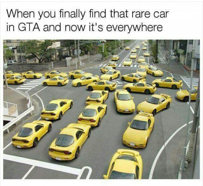 Many yellow cars for meme about GTA and how everyone gets the new car you just found.