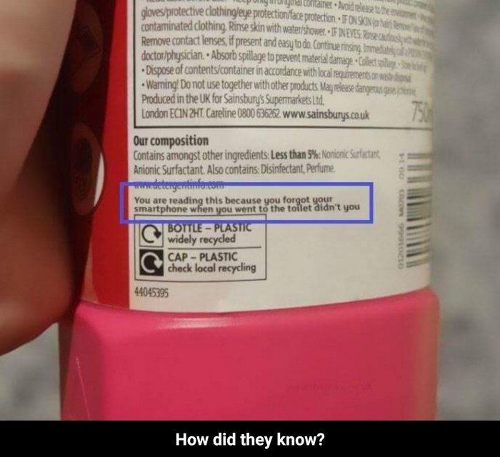 Very clever writing on bottle claiming you must be reading it because you forgot your phone to the bathroom.